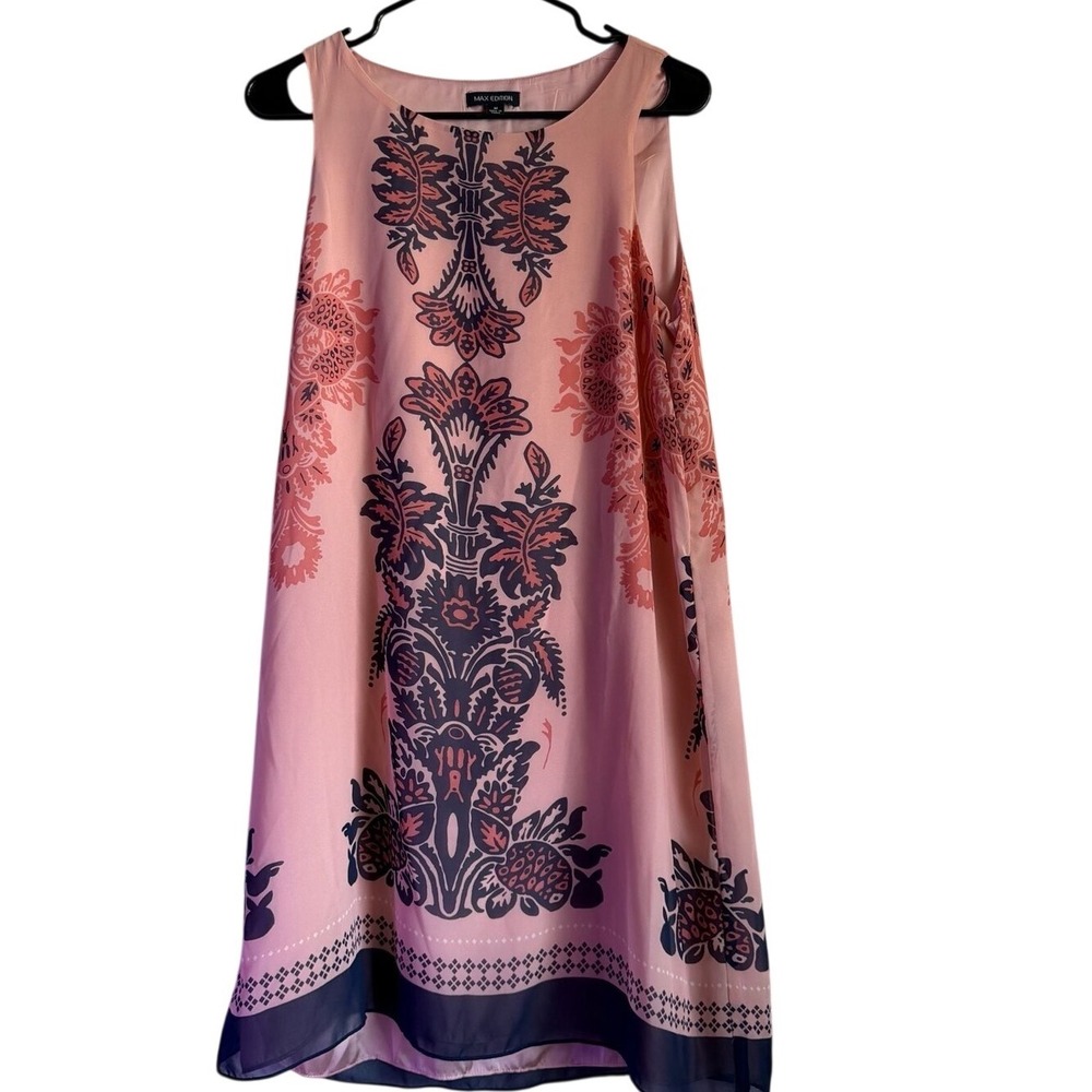 Max Edition Pink Navy Damask Print Sleeveless Chiffon Shift Mini Dress Womens‎ M